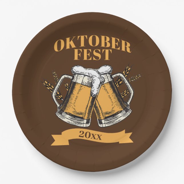 Oktoberfest 20xx Year Steins Brown Beer Party 9" Paper Plate (Front)