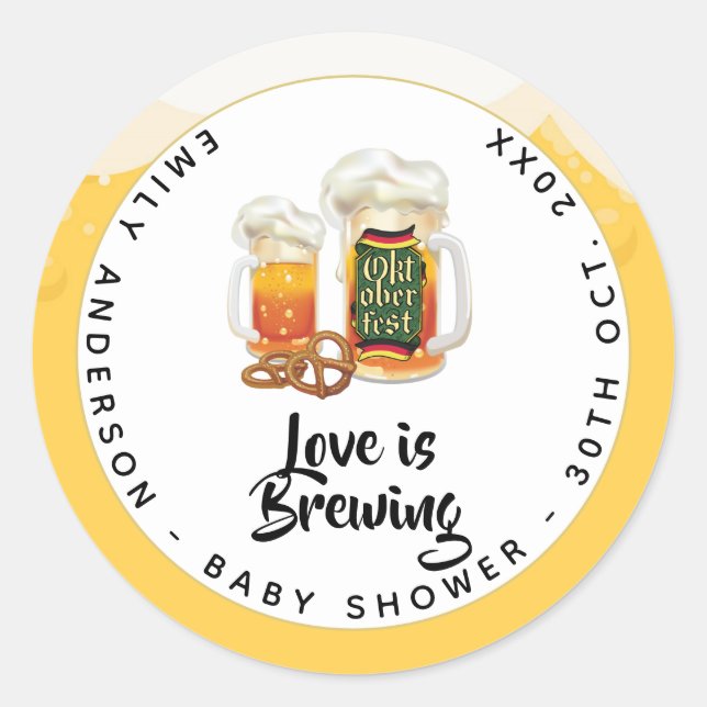 Oktoberfest Baby Shower Baby Is Brewing BEER PRETZ Classic Round Sticker (Front)