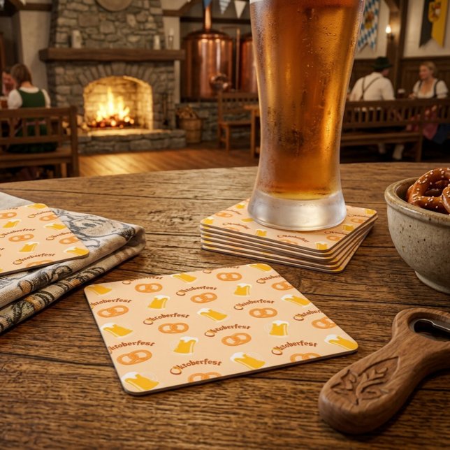 Oktoberfest Beer Bavarian Pattern  Square Paper Coaster (Creator Uploaded)