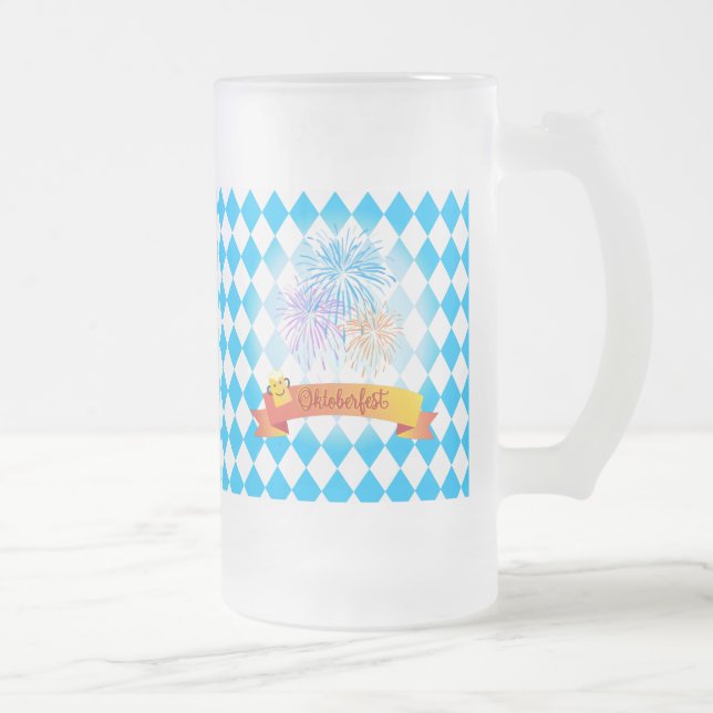OKTOBERFEST beer festival decoration Blue pattern Frosted Glass Beer Mug (Right)