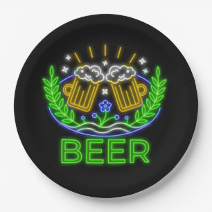 Oktoberfest Beer Festival Neon on Black Paper Plate