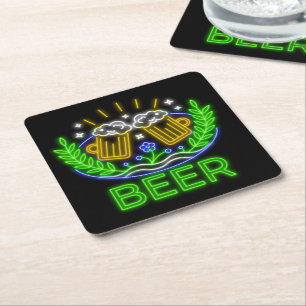 Oktoberfest Beer Festival Neon on Black Square Paper Coaster