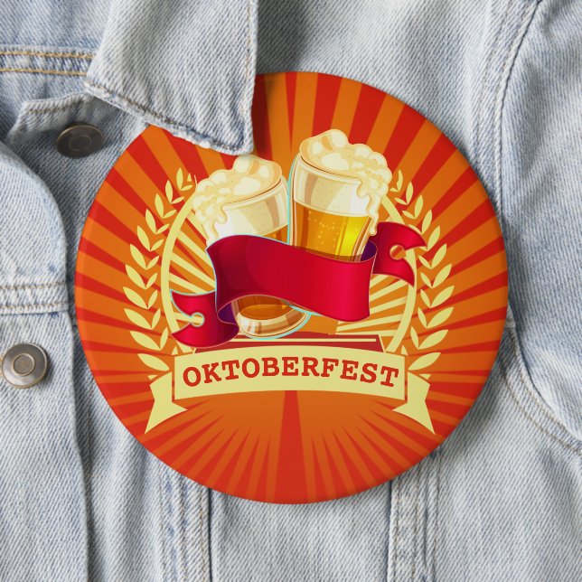 Oktoberfest Beer Glasses on Red Gold Sunburst 6 Cm Round Badge (In Situ)