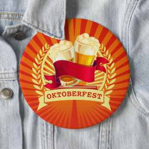 Oktoberfest Beer Glasses on Red Gold Sunburst 6 Cm Round Badge