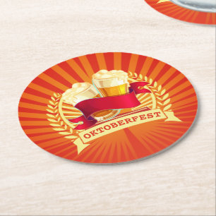 Oktoberfest Beer Glasses on Red Gold Sunburst Round Paper Coaster