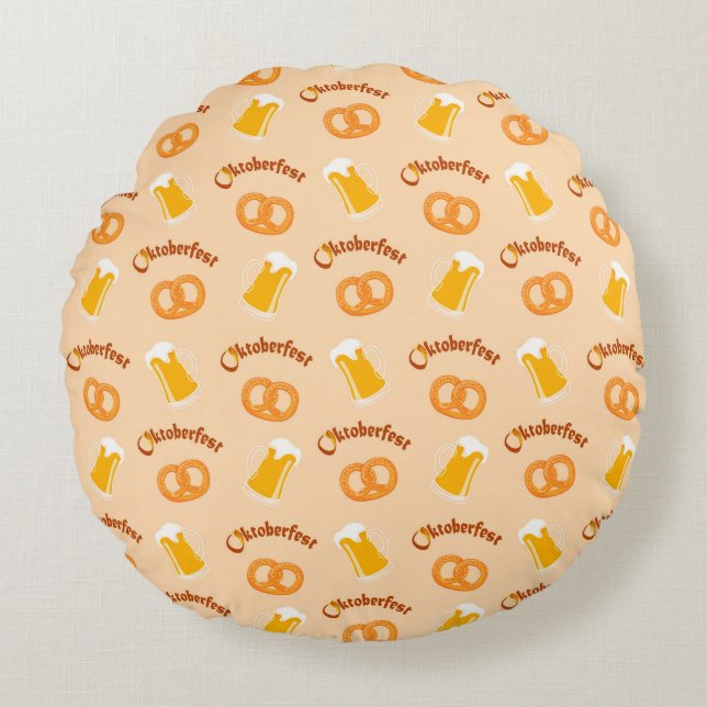 Oktoberfest Beer& Pretzel Pattern  Round Cushion (Front)