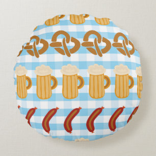 Oktoberfest: beer, pretzel, sausage pattern round cushion