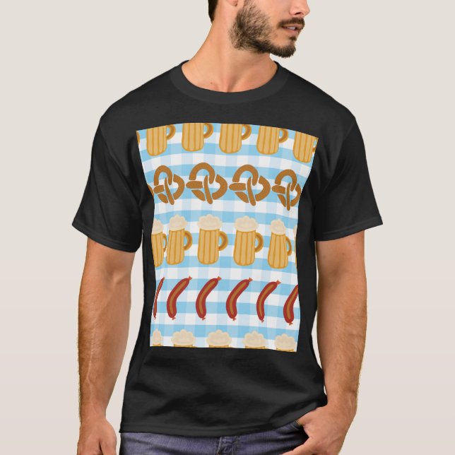 Oktoberfest: beer, pretzel, sausage pattern T-Shirt (Front)