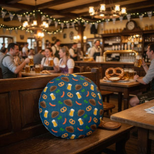 Oktoberfest Beer, Pretzel & Sausage Pattern Throw  Round Cushion