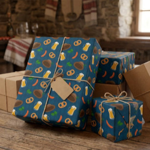 Oktoberfest Beer, Pretzel & Sausage Pattern Wrappi Wrapping Paper