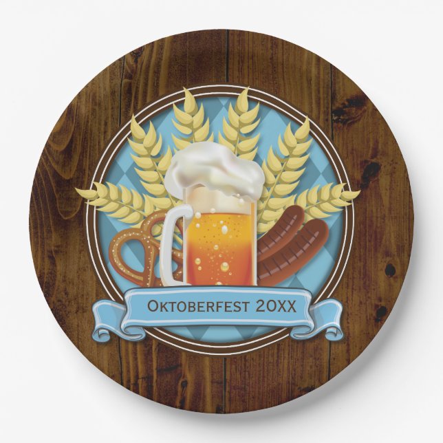 Oktoberfest Beer Sausage Pretzel Logo, bavarian Paper Plate (Front)
