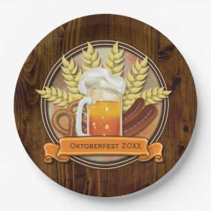 Oktoberfest Beer Sausage Pretzel Logo, muted Paper Plate