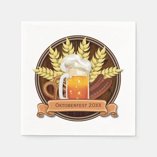 Oktoberfest Beer Sausage Pretzel Logo, wood Napkin (Front)