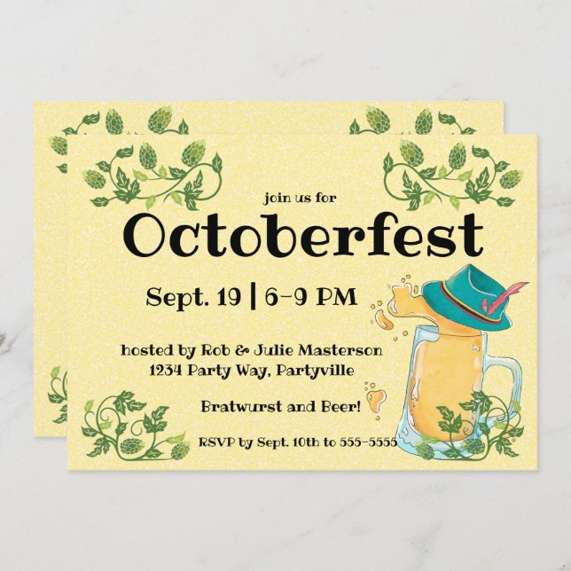 Oktoberfest Beer Stein and Alpine Hat Invitation (Front/Back)