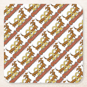 Oktoberfest-Cartoon-Pretzel-Doxie Square Paper Coaster