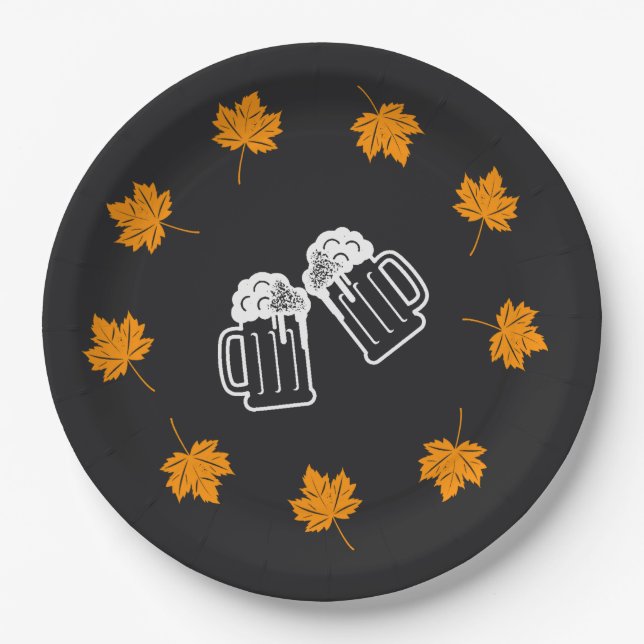 Oktoberfest Chalkboard Beer and Leaves Paper Plate (Front)