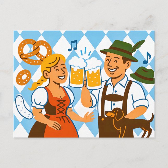 Oktoberfest Cheers with Bavarian Attire Holiday Postcard (Front)