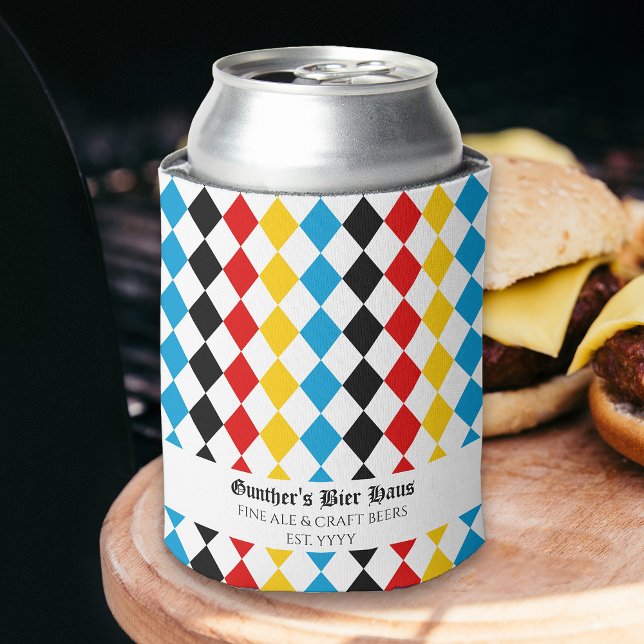 Oktoberfest Custom Text Blue Black Red Yellow Can Cooler (Oktoberfest themed beer can cooler personalized with your name, event, bar or craft beer business)