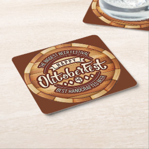 Oktoberfest  Festival Brown Wooden Beer Barrel  Square Paper Coaster