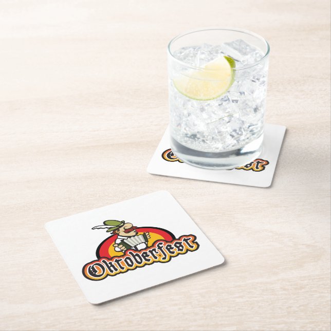 Oktoberfest German Accordion Player Square Paper Coaster (Insitu)