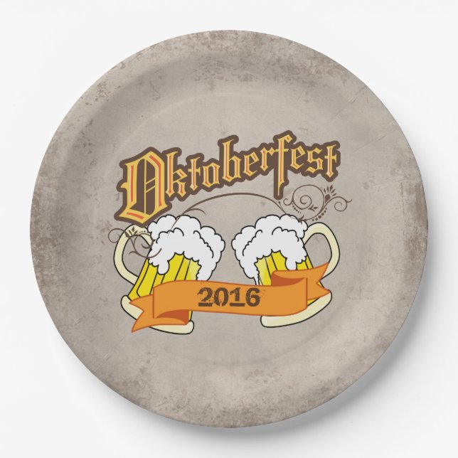 Oktoberfest German Festival Beer Steins Typograph Paper Plate (Front)
