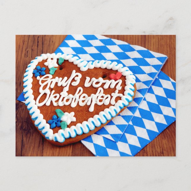 Oktoberfest gingerbread heart on bavarian napkin postcard (Front)