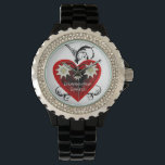 Oktoberfest Heart Spatzl Rhinestone Watch black<br><div class="desc">Cute stylish Bavarian Oktoberfest black rhinestone watch designed with a red and black heart featuring Alpine Edelweiss flowers and swirls,  text saying Oktoberfest Spatzl (Sweetheart in Bavarian language). Edelweiss grow in the mountains of Switzerland, Austria,  Bavaria, Germany and other alpine places.German traditional gingerbread heart design</div>