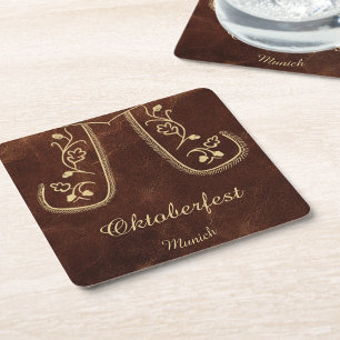 Oktoberfest Lederhosen Bavarian Embroidery Square Paper Coaster