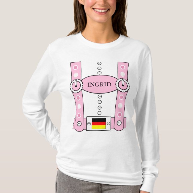 Oktoberfest Lederhosen Funny Add Name Pink T-Shirt (Front)