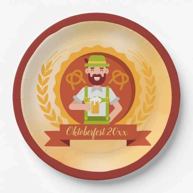 Oktoberfest Man in Alpine Hat with Beer Paper Plate (Front)