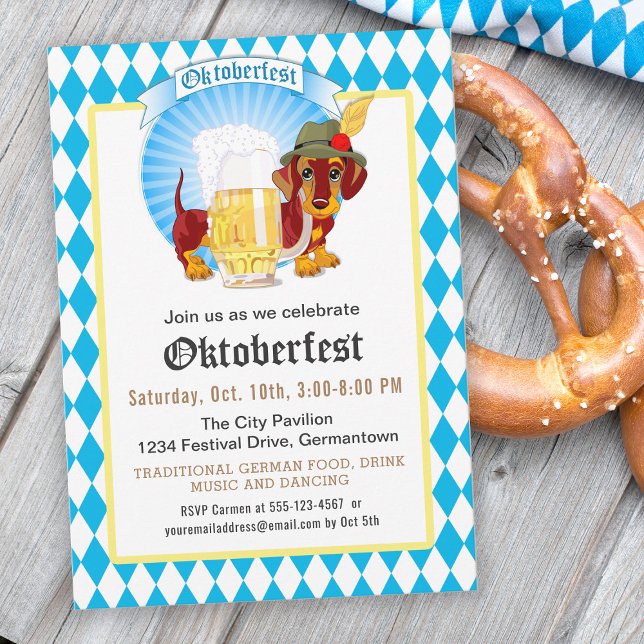 Oktoberfest Party and Celebration Invitation (Celebrate Oktoberfest with this festive invitation featuring a cute dachshund in felt hat and beer.)