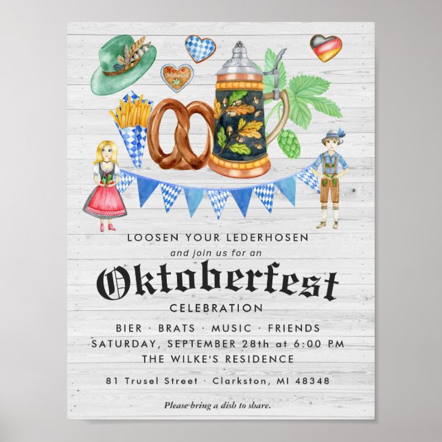 Oktoberfest Party Rustic Bavarian Beer & Pretzel Poster (Front)