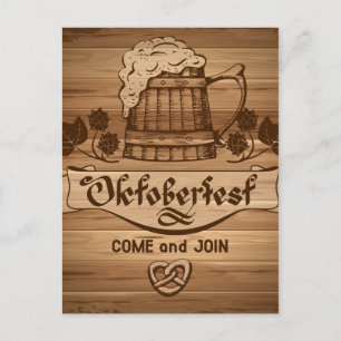 Oktoberfest, vintage poster with wooden postcard