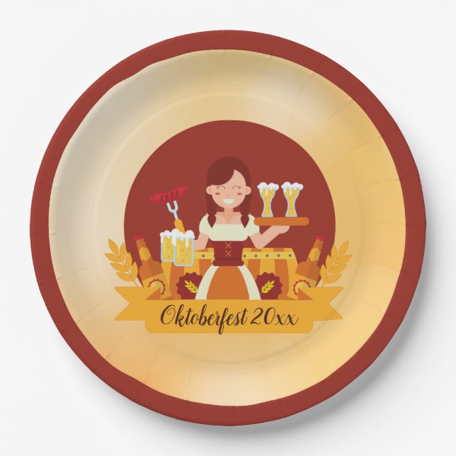 Oktoberfest Woman with Beer and Sausage Paper Plate (Front)