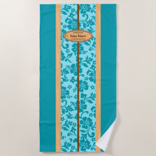 okuleia Hawaiian Faux Wood Monogram Surfboard Teal Beach Towel