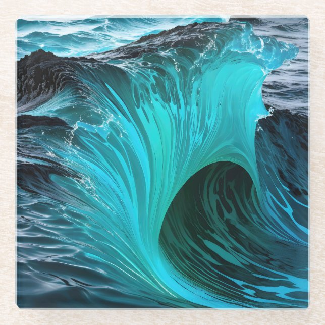 "Ola Tiburón" Blue Shark Wave  Glass Coaster (Front)