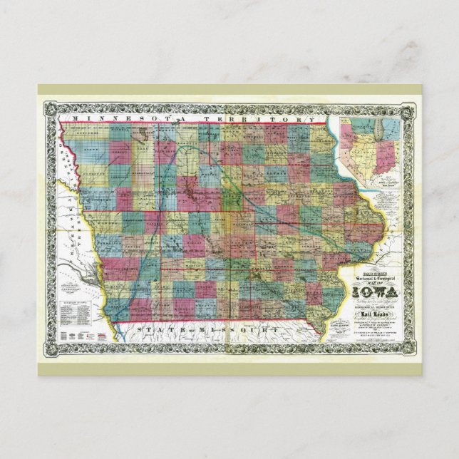 Old 1856 Iowa Map Postcard (Front)