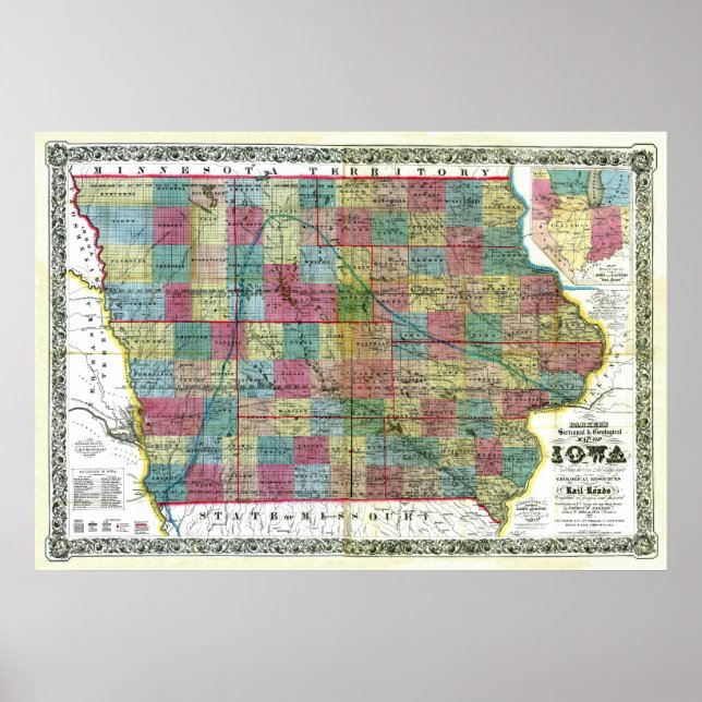 Old 1856 Iowa Map Poster (Front)