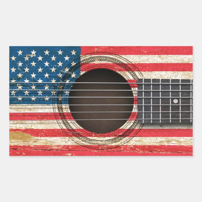 Old Acoustic Guitar with American Flag Rectangular Sticker (Front)