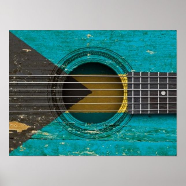 Old Acoustic Guitar with Bahamas Flag Poster (Front)