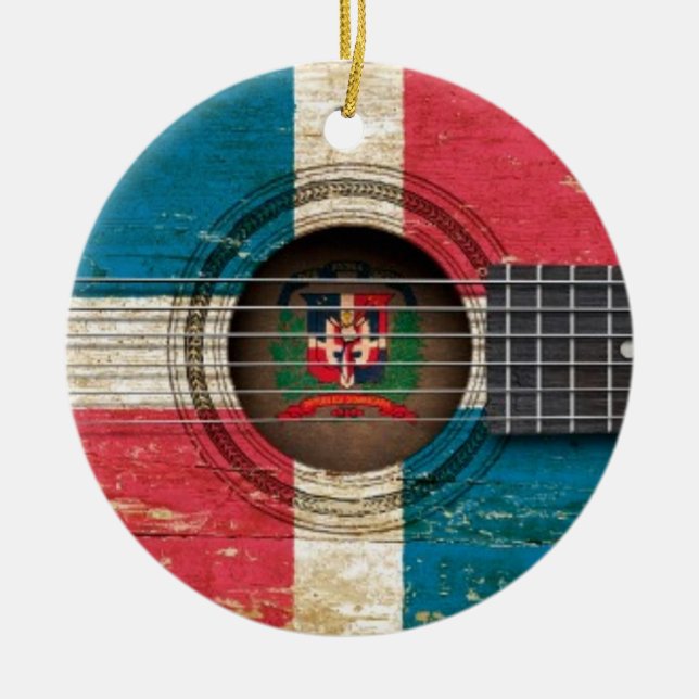 Old Acoustic Guitar with Dominican Republic Flag Ceramic Tree Decoration (Front)