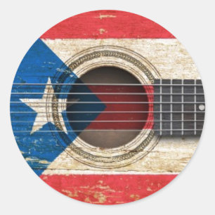 Old Acoustic Guitar with Puerto Rico Flag Classic Round Sticker