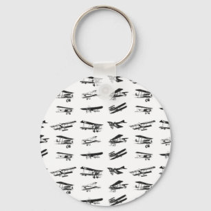Old aeroplanes in black and white, vintage aircraf key ring