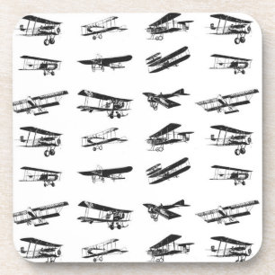 Old aeroplanes in black and white, vintage coaster