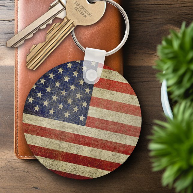 Old American Flag Key Ring (Personalized Keychain - Vintage American Flag)