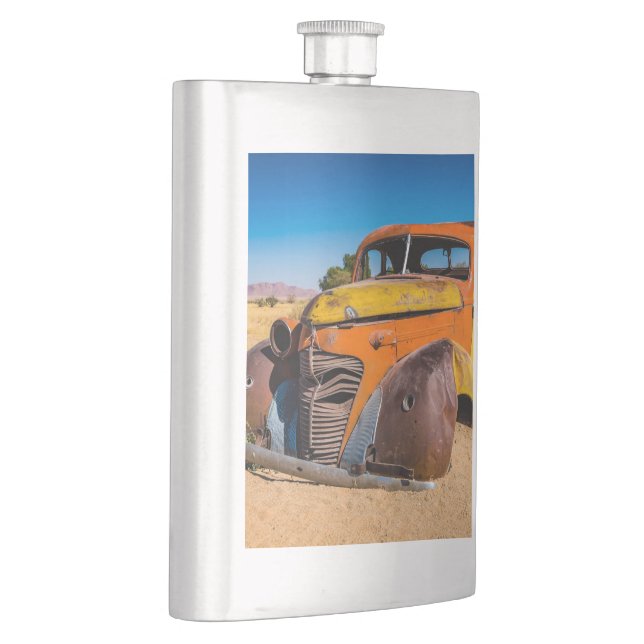 Old and abandoned car in Solitaire, Namibia Hip Flask (Right)