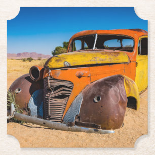 Old and abandoned car in Solitaire, Namibia Paper Coaster