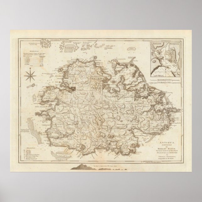 Old Antigua Map (1775) Vintage Waladli Island  Poster (Front)