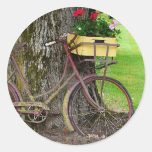 Old Antique Bicycle with Flower Basket Classic Round Sticker