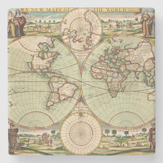 Old Antique General World Map Lithograph Stone Coaster (Front)